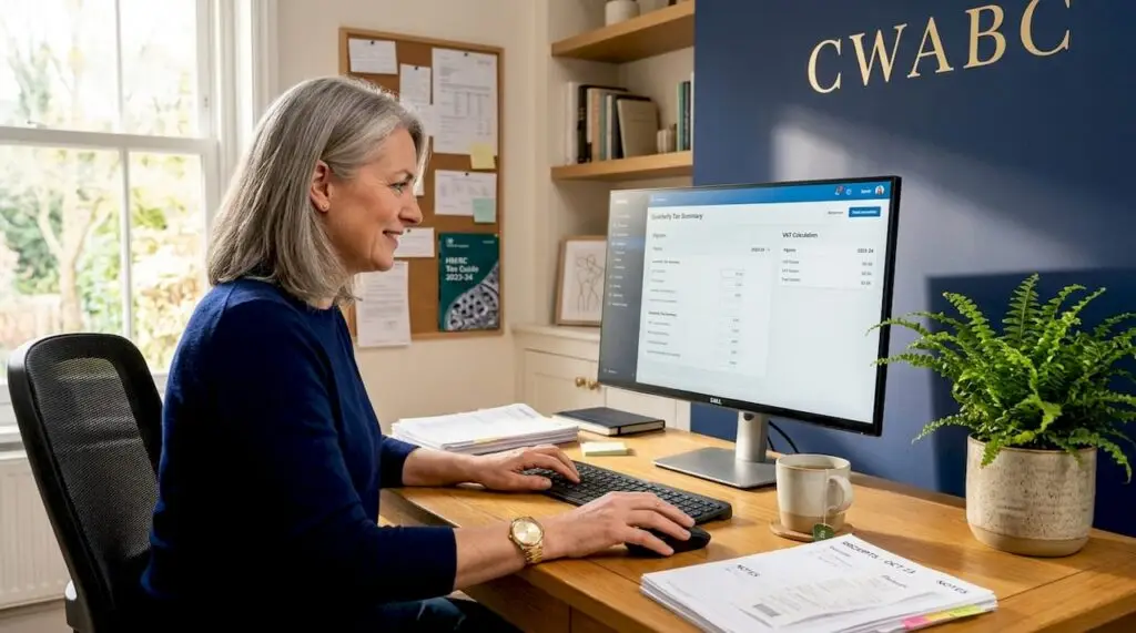 Small business owner doing taxes at desk