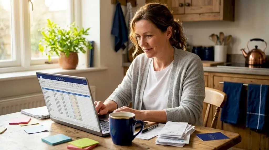 Business owner bookkeeping at kitchen table
