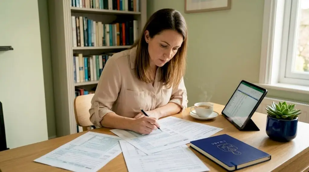 Accountant reviewing tax documents at desk