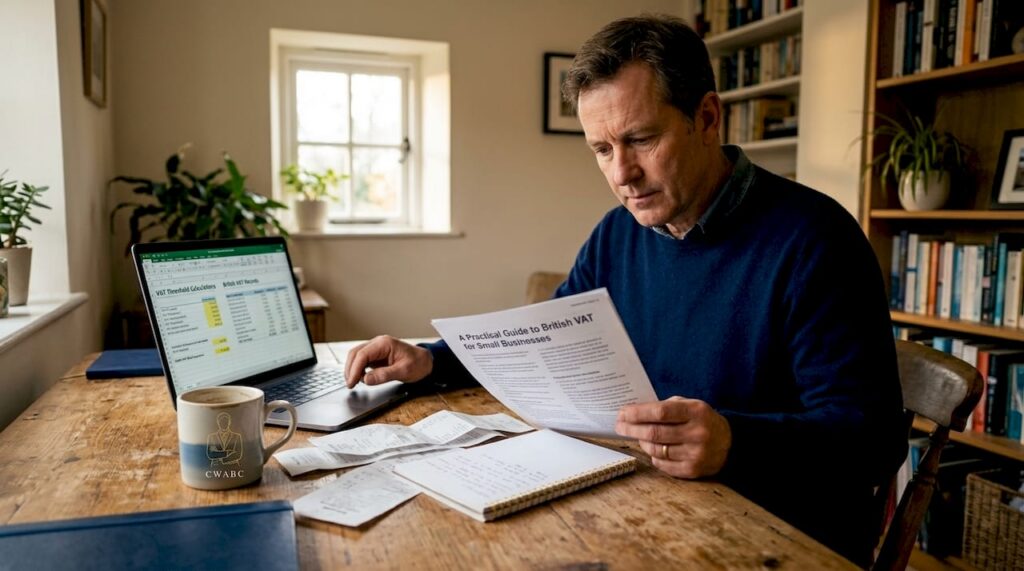 Sole trader reviewing VAT documents at home desk