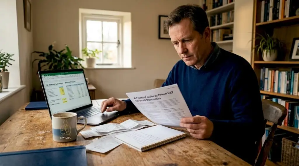 Sole trader reviewing VAT documents at home desk