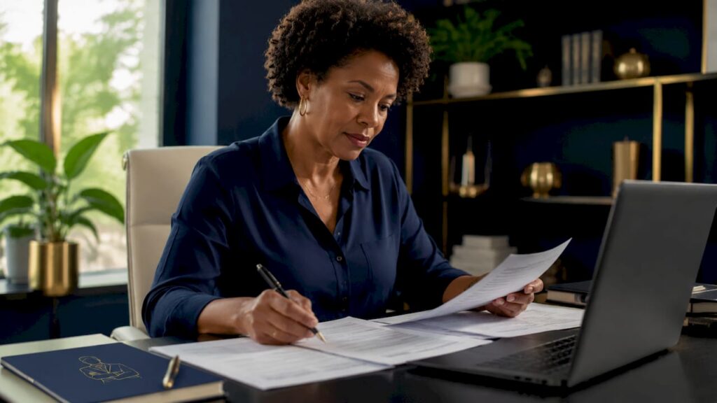 Woman reviewing invoices at home office desk