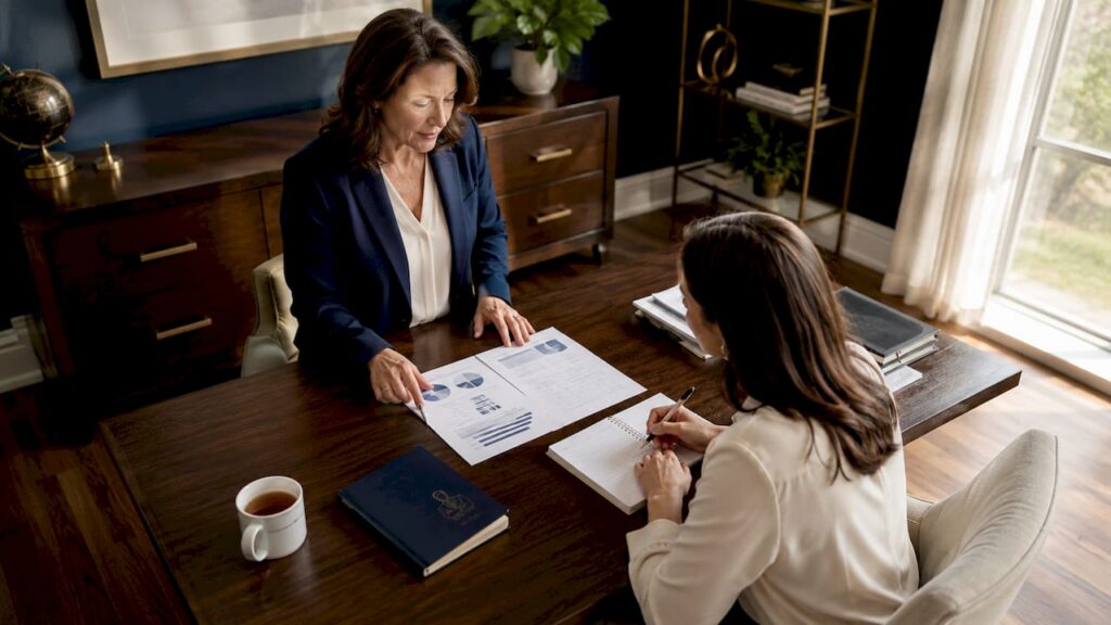 Business owner consulting tax professional at table