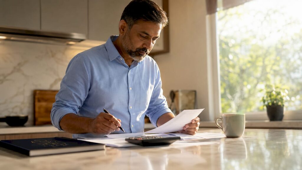 Man reviewing quarterly tax documents at home office