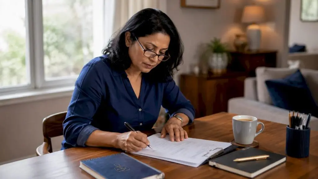 Sole trader filling out paper invoice at desk