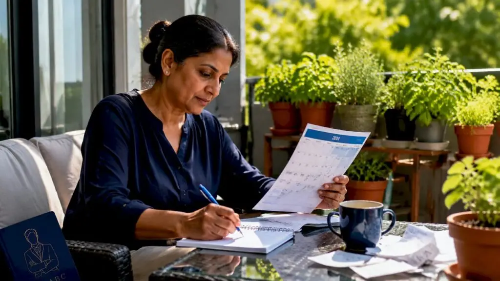 Woman reviewing UK tax calendar at kitchen table