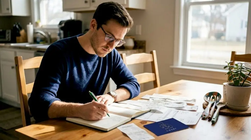 Sole trader reviewing business expenses at home