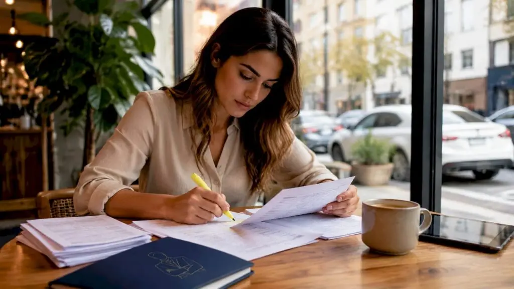 Bookkeeper reviewing financial statements at home desk