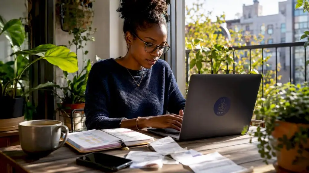 Woman at home entering bookkeeping data