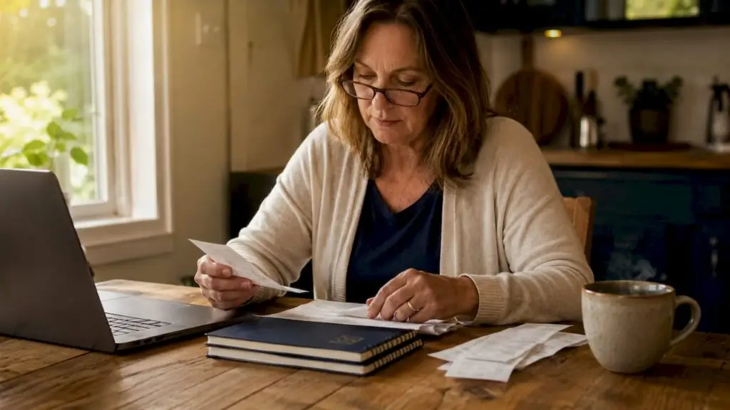 Woman organizing business tax documents at home