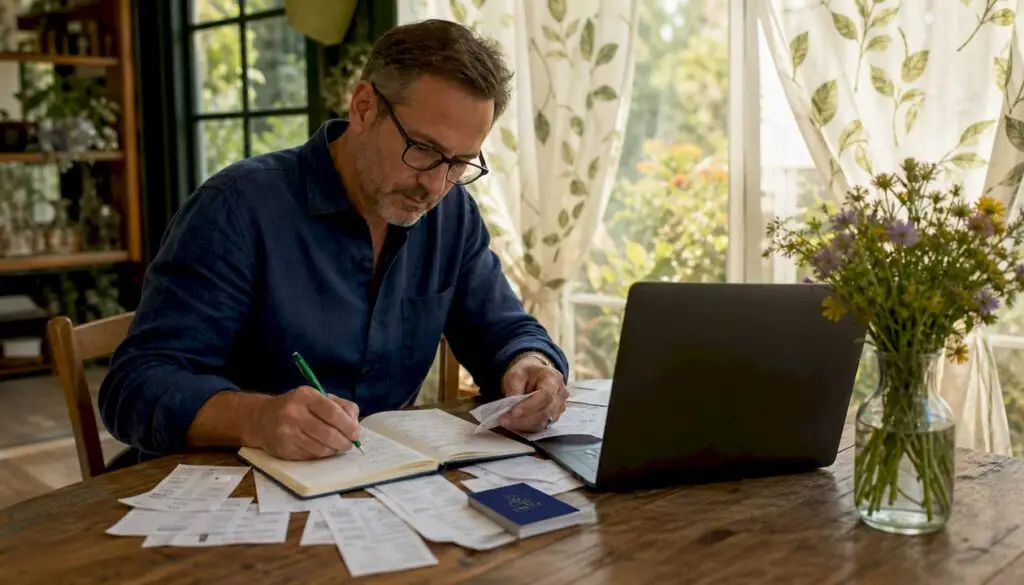 Sole trader organizing receipts at home table