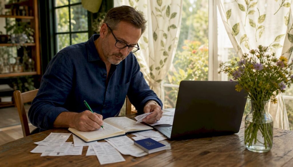 Sole trader organizing receipts at home table