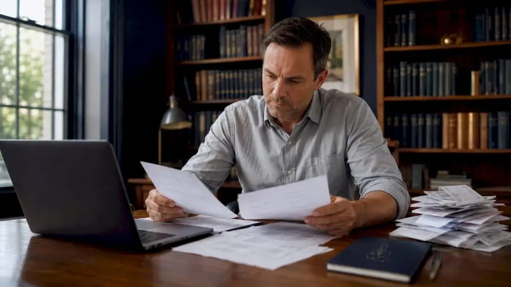 Sole trader reviewing tax documents at home office