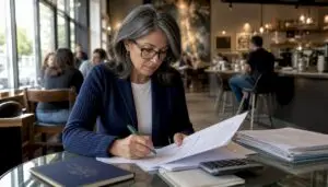 Accountant reviewing UK tax documents at desk