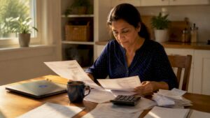 Landlord reviewing rental bookkeeping documents