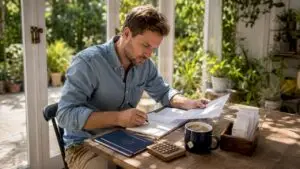 Sole trader manually reconciling bank statements at home