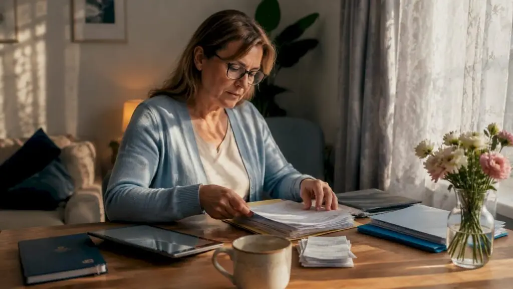 Woman organizing tax documents at home desk