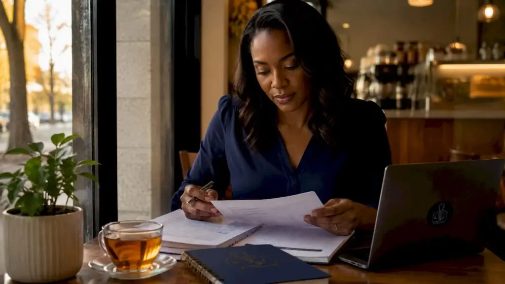 Woman sorting UK tax documents at kitchen table