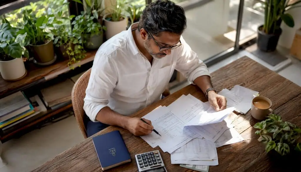 Director reviewing salary and tax papers at home