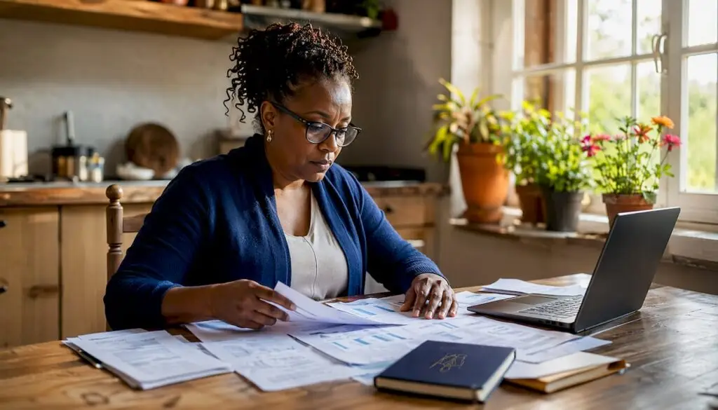 Sole trader reviewing tax documents at home office