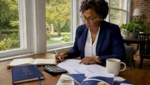 Small business owner reviewing tax budget