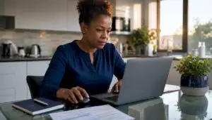 Woman setting up tax account on laptop at home