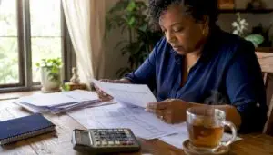 Woman sorting small business tax papers