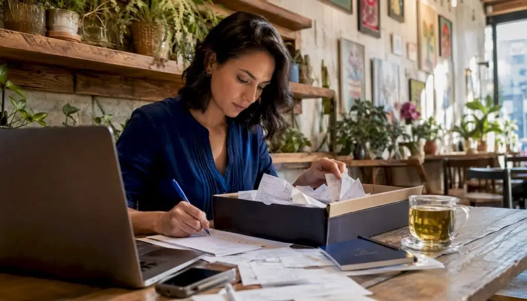 Sole trader sorting receipts at home table