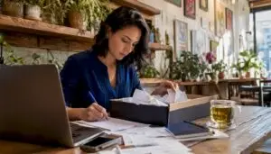 Sole trader sorting receipts at home table