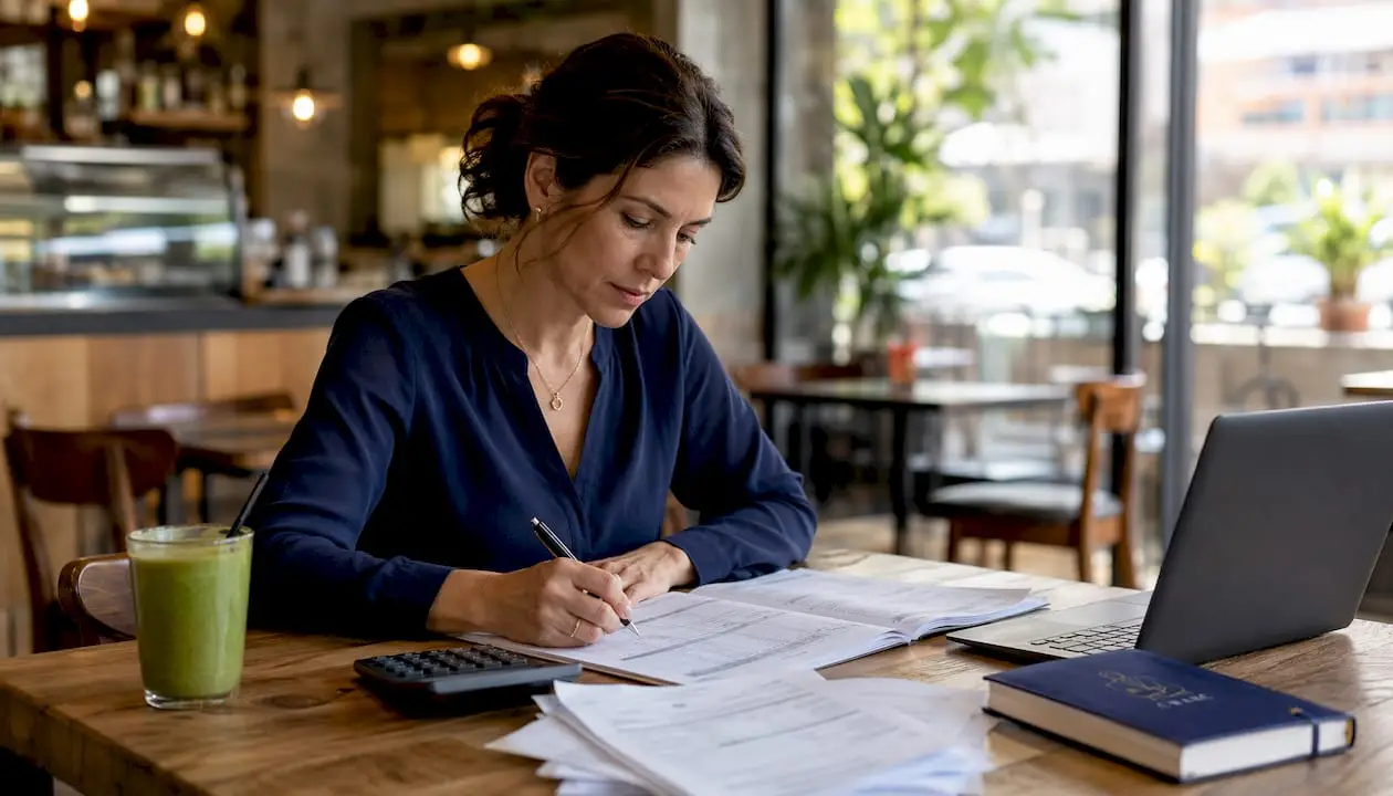 Overhead hands reviewing bank reconciliation documents