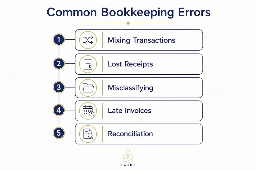 Infographic listing common bookkeeping mistakes for self-employed
