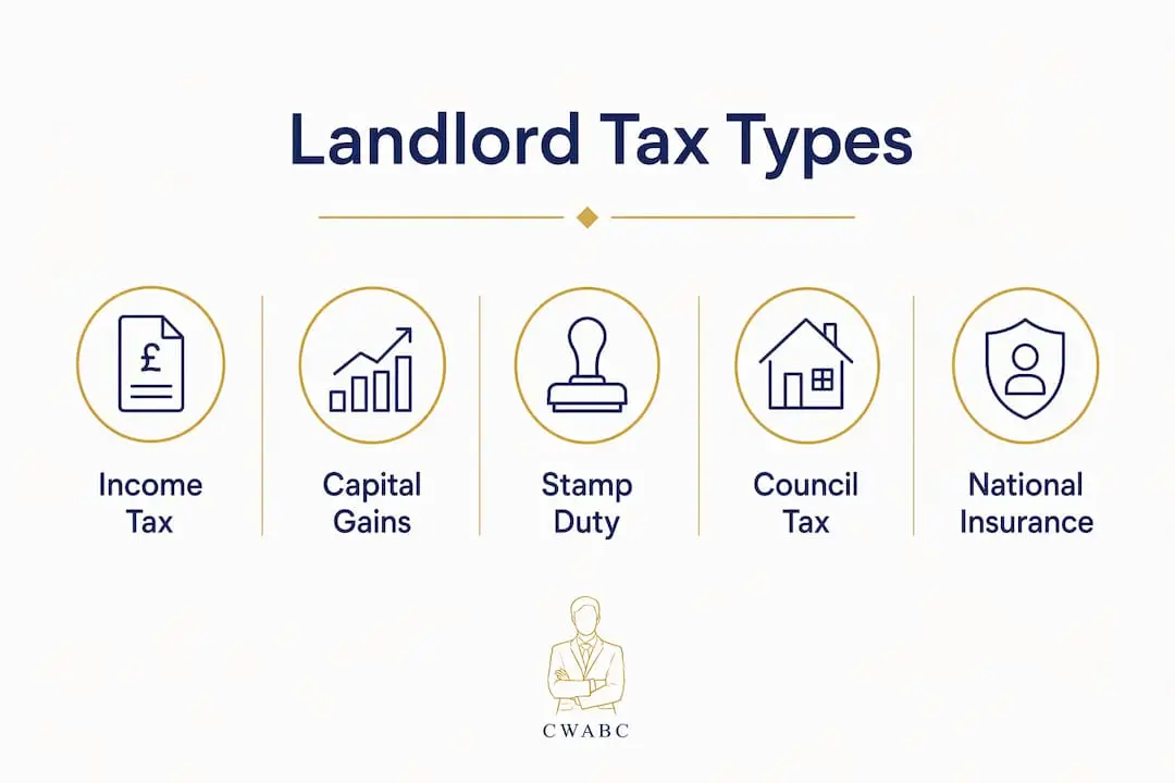 Infographic summarizing UK landlord tax types