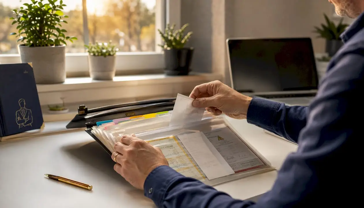 Hand organizing HMO expense folder from above