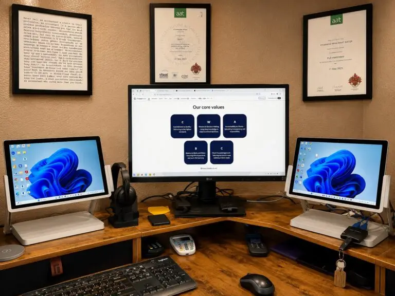 CWABC accounting workspace in Hildenborough with AAT certificates and multiple monitors