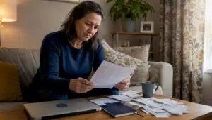 Sole trader reviewing quarterly tax documents at home