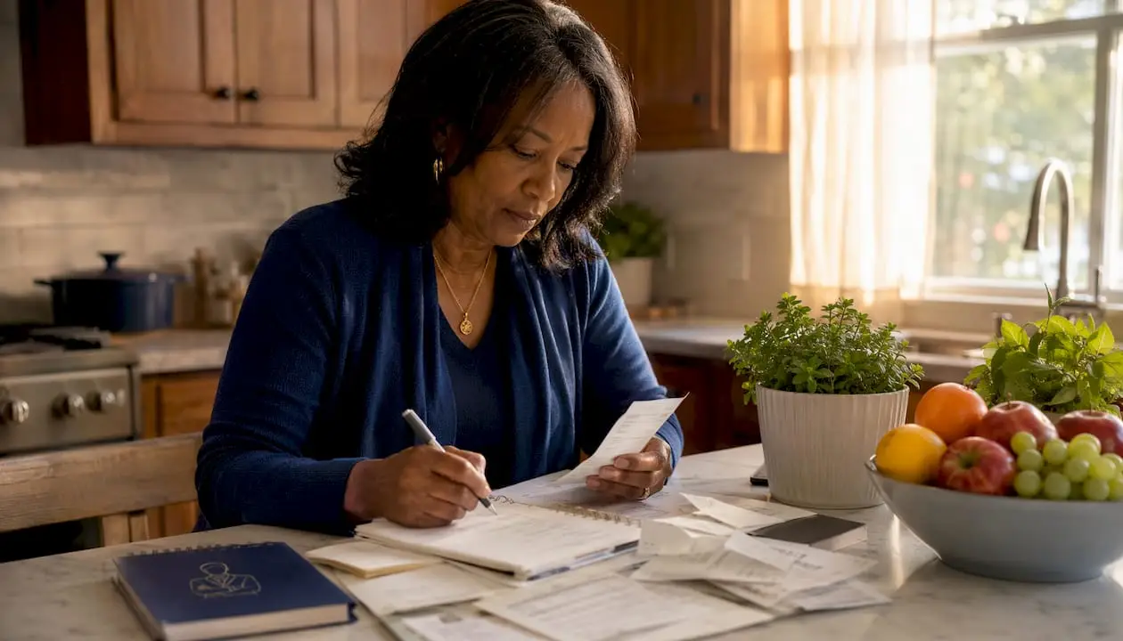 Landlord organizing rental income records at desk