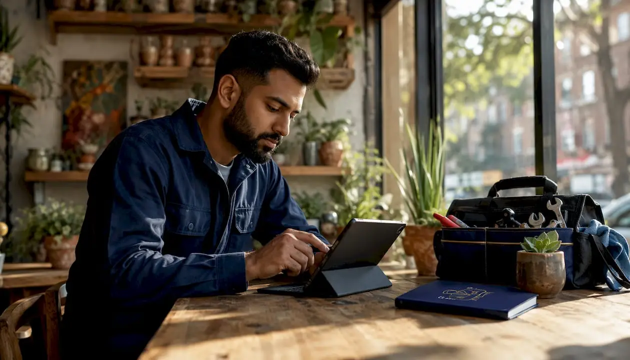Plumber entering digital tax data on tablet