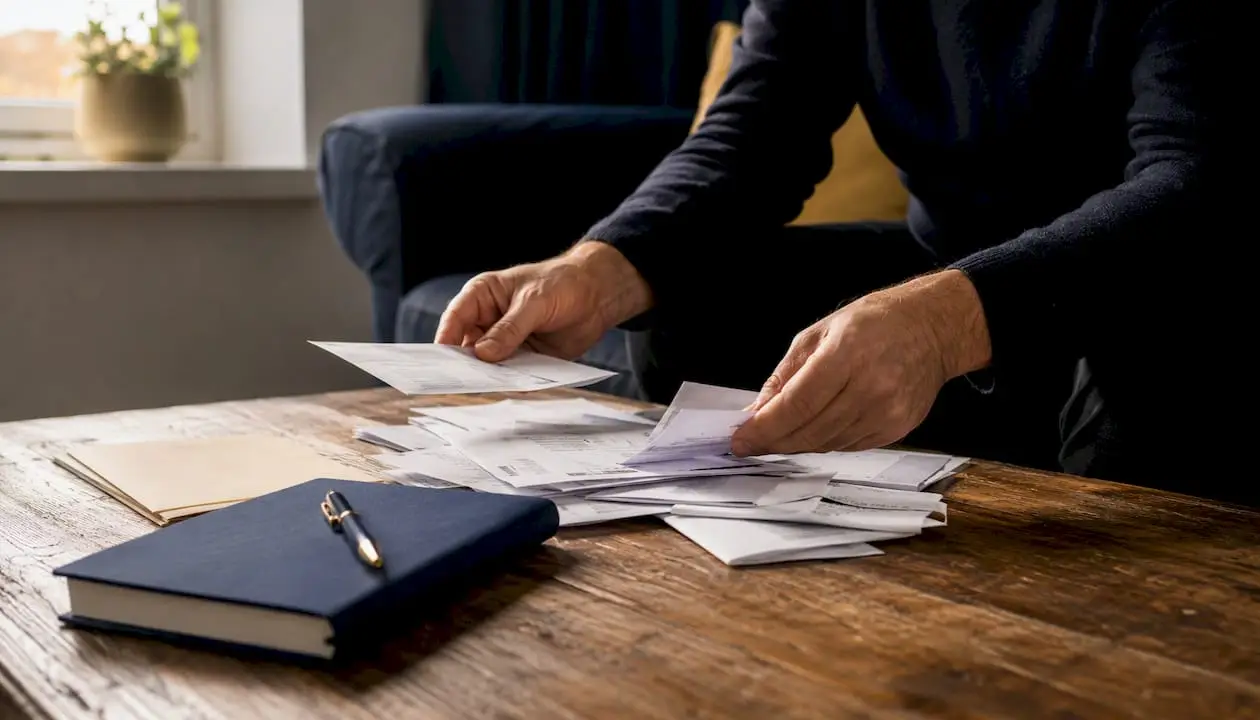 Hands sorting business and personal bank statements