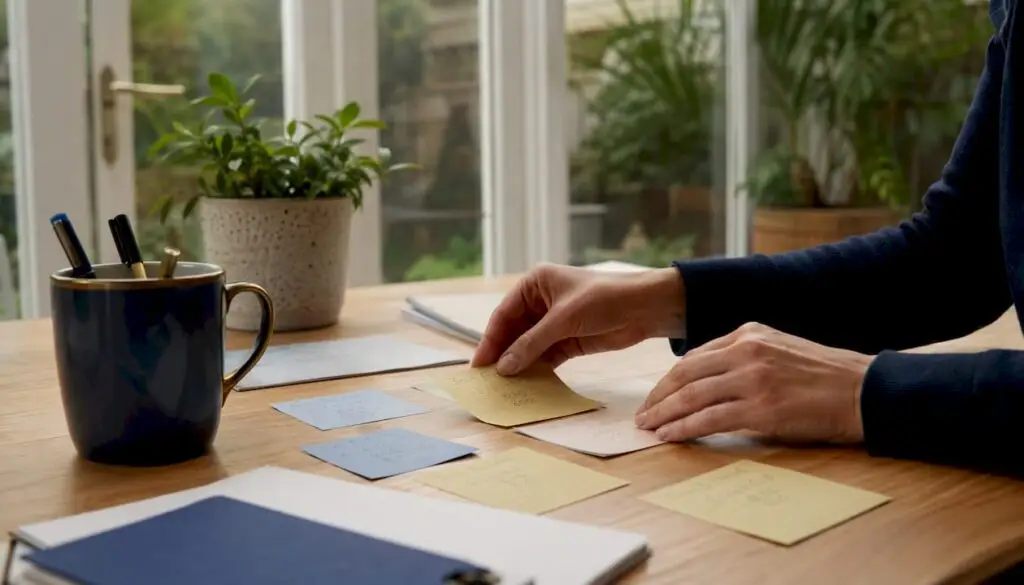 Hands setting break-even notes in home office