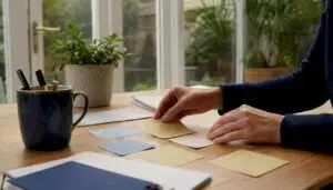 Hands setting break-even notes in home office