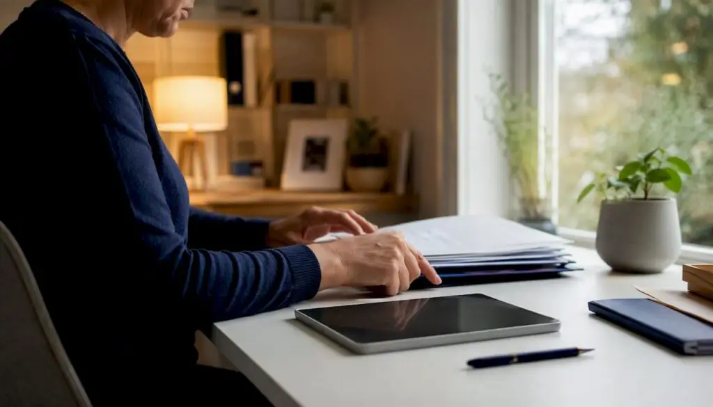 Hands sorting receipts on a home office desk