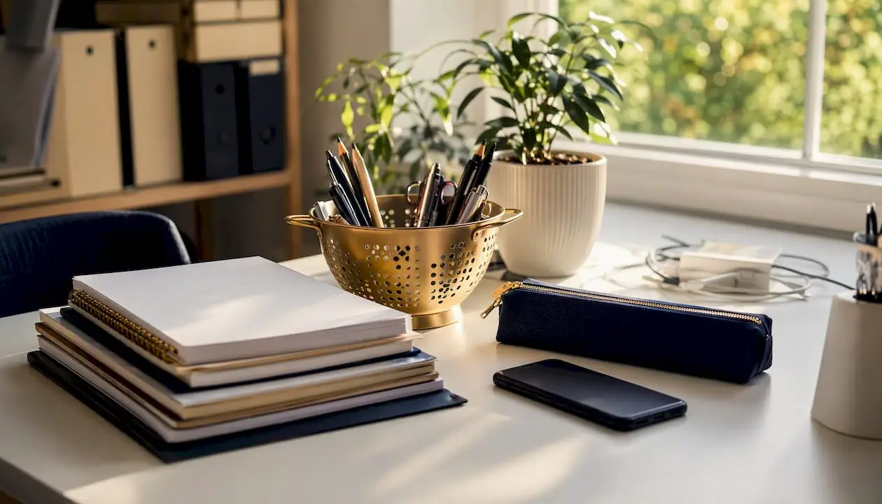 Tidy small business bookkeeping tools on desk