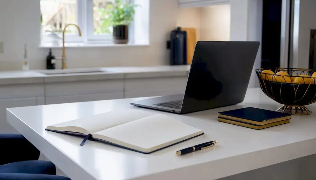 Home office desk with bookkeeping tools