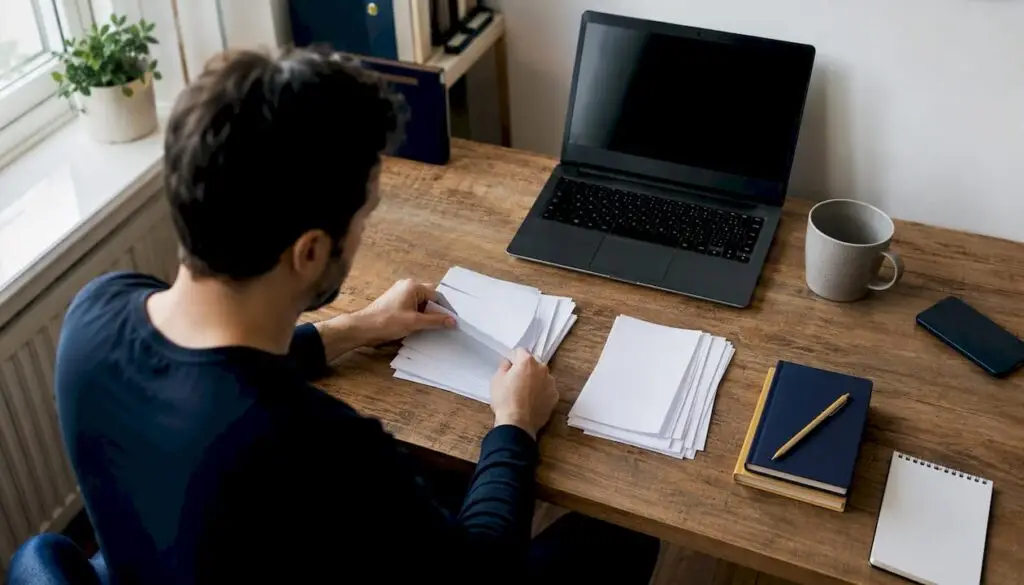 Hands sorting subcontractor invoices by labour and materials