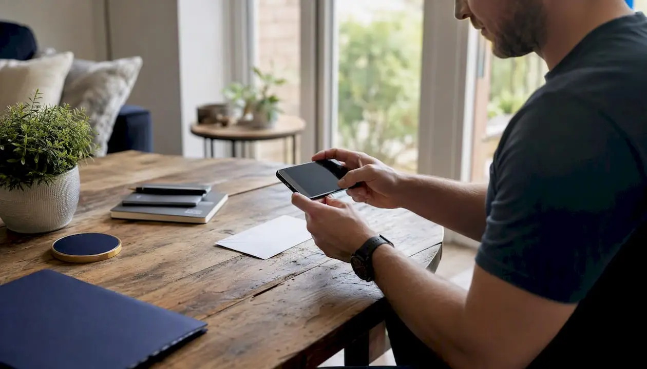 Hands photographing a materials receipt with smartphone