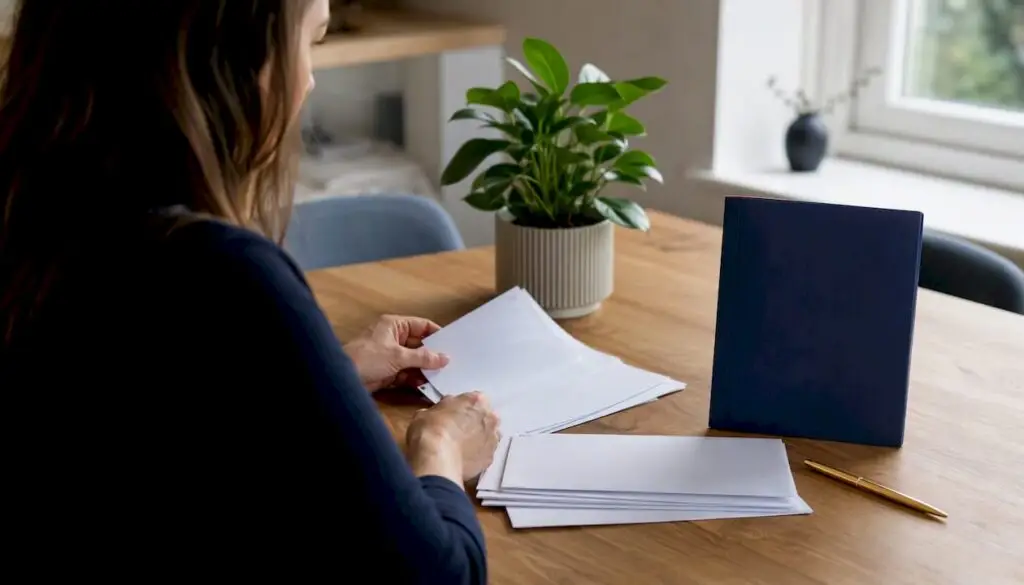 Hands sorting payment slips on desk