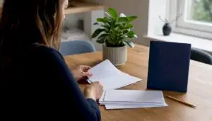 Hands sorting payment slips on desk