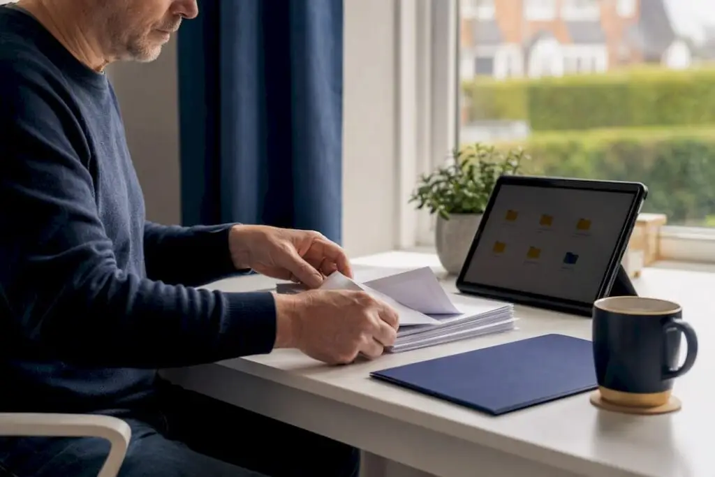 Landlord sorting rental paperwork on desk