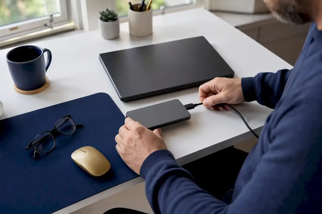Hands backing up data on a laptop