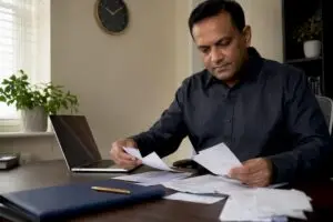 Hands sorting property sale paperwork on table